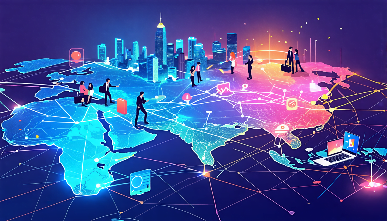 A vibrant digital illustration showing a diverse group of Asian professionals connecting through glowing lines and nodes, forming a network across a styliz