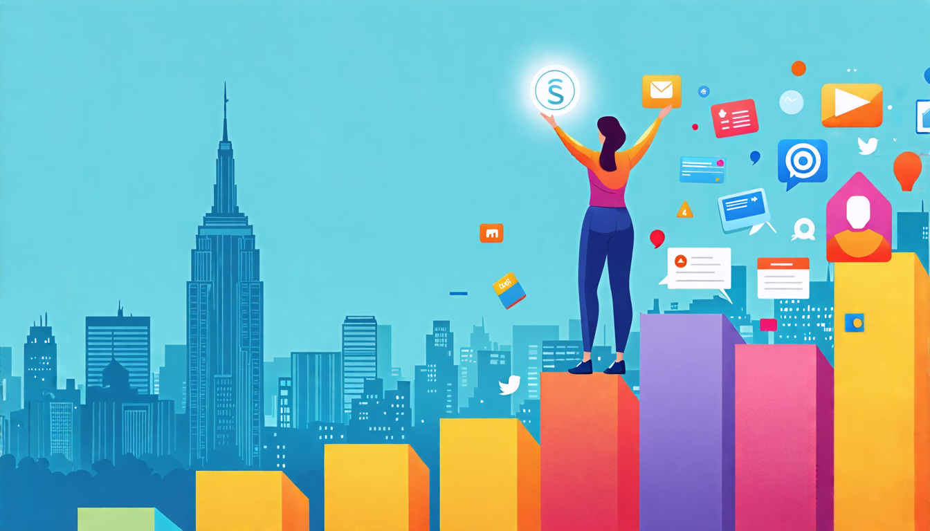 A stylized illustration of a confident freelancer standing atop a colorful, rising graph. The graph is made up of various icons representing different skil