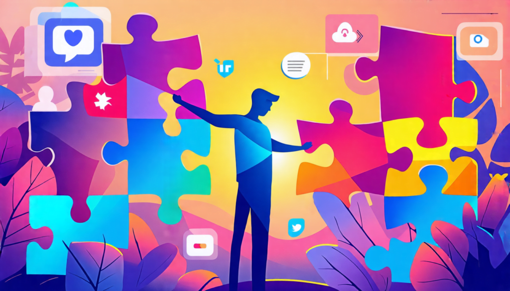 A stylized illustration of a person carefully assembling colorful, interlocking puzzle pieces to form their own silhouette. The puzzle pieces represent dif