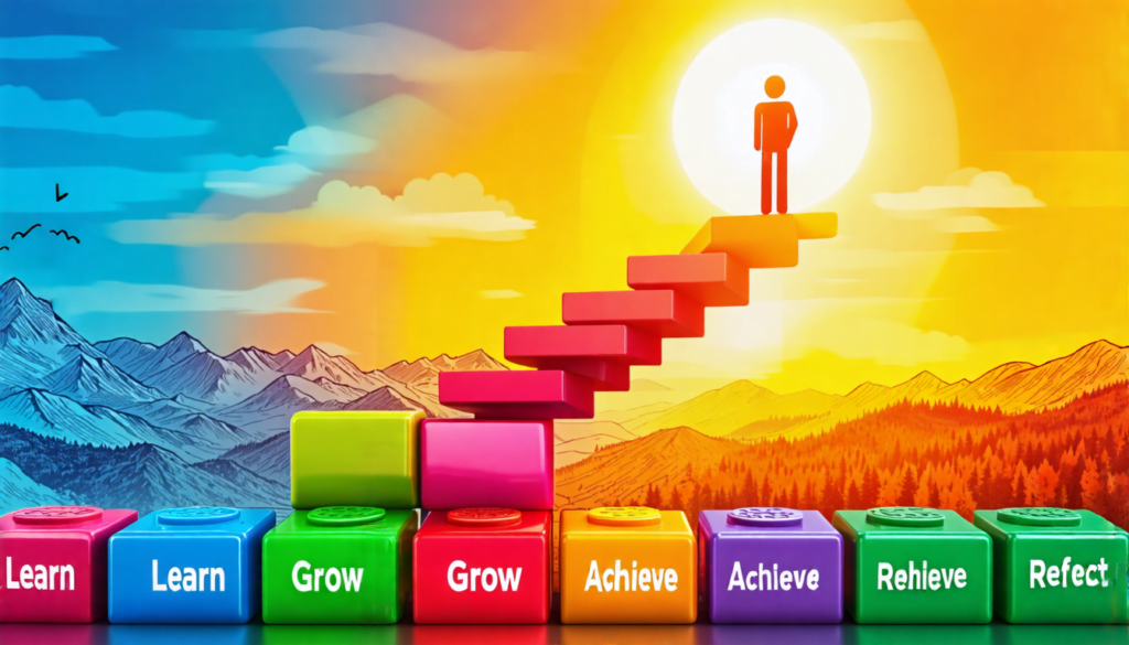 A motivational image of a person standing on a staircase made of colorful building blocks, each block labeled with personal growth milestones like Learn, G