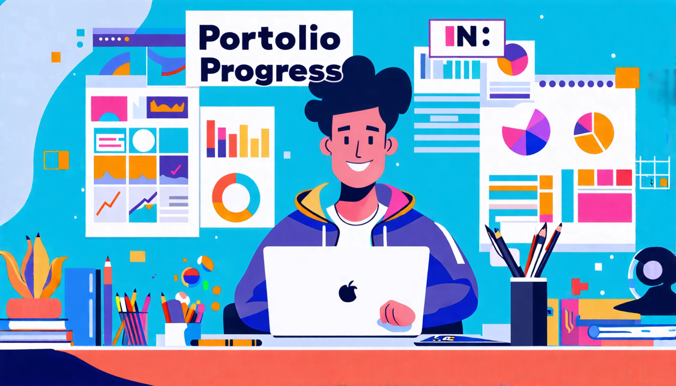 A digital artist sitting at a desk, surrounded by various creative tools and projects in progress. The desk has a laptop, sketchpad, and graphics tablet. O