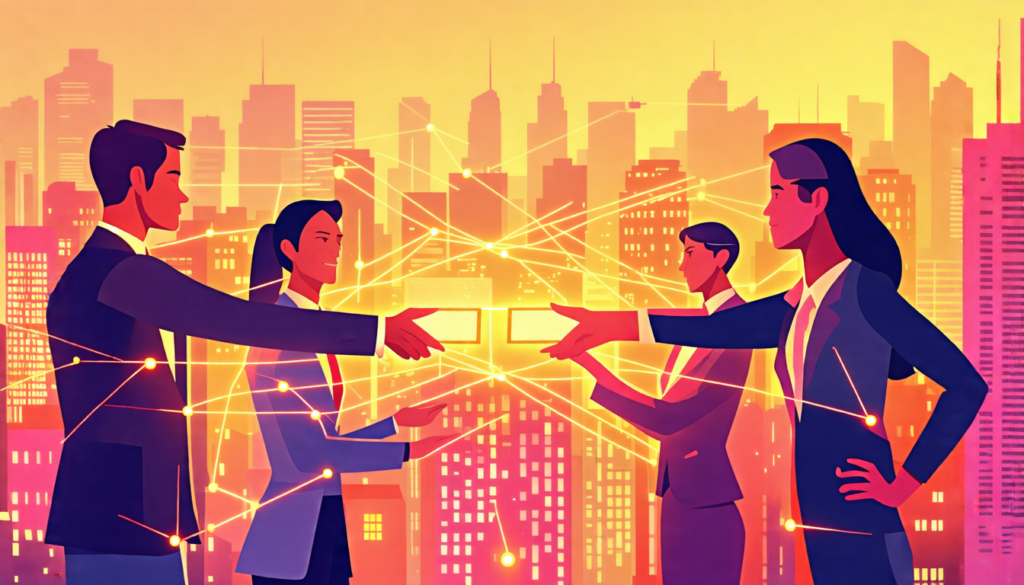 A professional networking scene with interconnected business people passing glowing referral cards to each other, set against a backdrop of a modern citysc