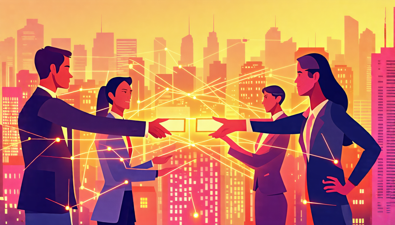 A professional networking scene with interconnected business people passing glowing referral cards to each other, set against a backdrop of a modern citysc