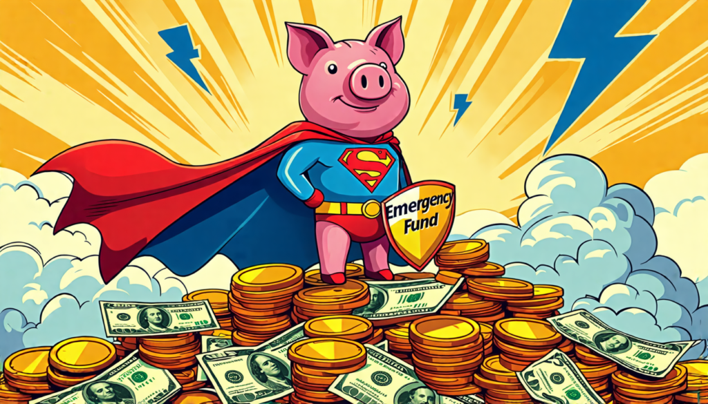 A piggy bank wearing a superhero cape, standing on a pile of coins and dollar bills, with a storm cloud and lightning bolt in the background. The piggy ban