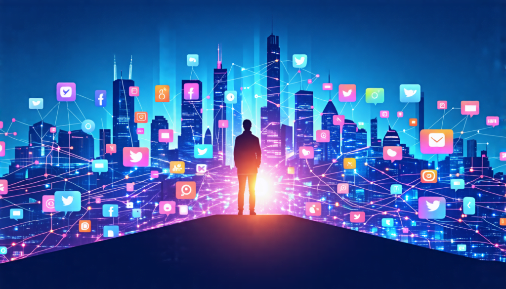 A stylized digital cityscape with skyscrapers made of social media icons, websites, and apps. In the foreground, a person stands confidently on a platform,