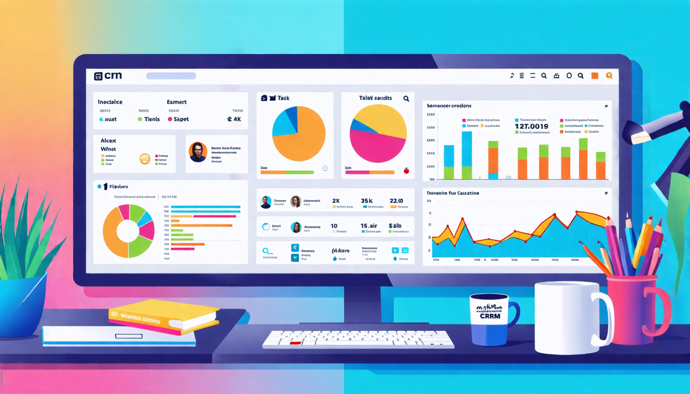 A split-screen digital workspace showing a freelancer's desk on one side and a stylized CRM interface on the other. The desk has a laptop, coffee mug, and