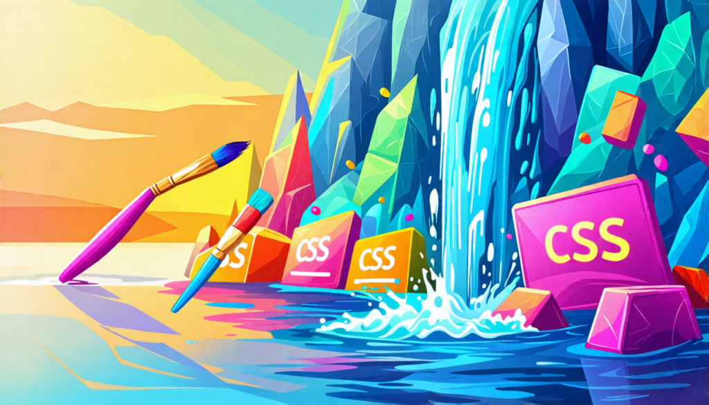 A stylized image of a colorful cascading waterfall flowing over a series of geometric shapes representing HTML elements. The water is made up of CSS code s