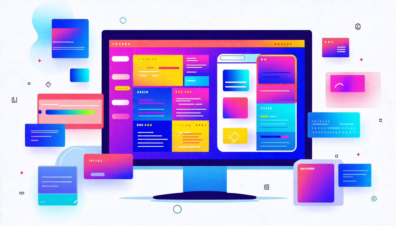 A stylized computer screen displaying a colorful grid layout with various CSS elements like flexbox containers, grid cells, and floating boxes. The layout