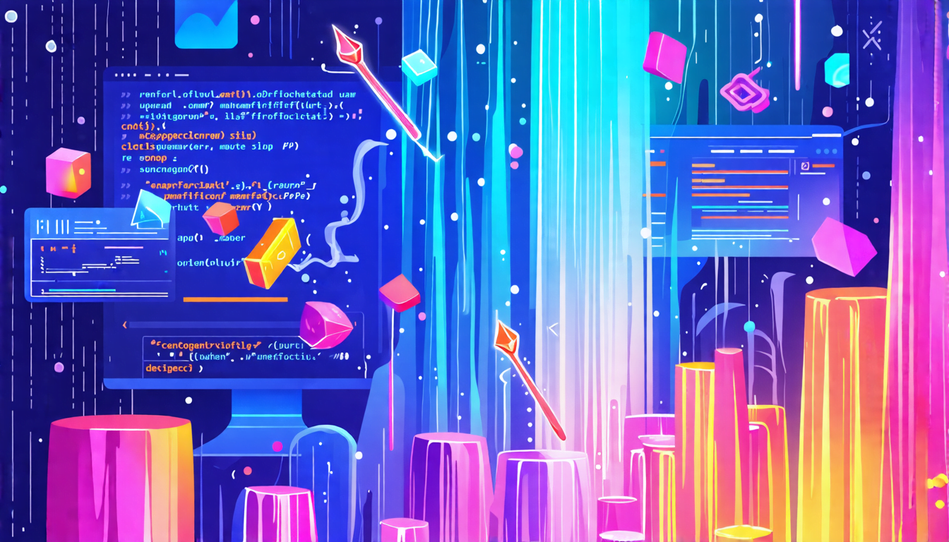 A stylized digital artwork featuring colorful cascading waterfalls transforming into neat rows of organized CSS code. In the foreground, magical preprocess