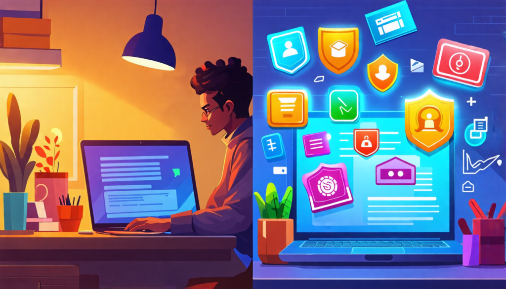A split-screen image: on one side, a freelancer working on a laptop in a cozy home office; on the other side, a collection of colorful digital badges and c