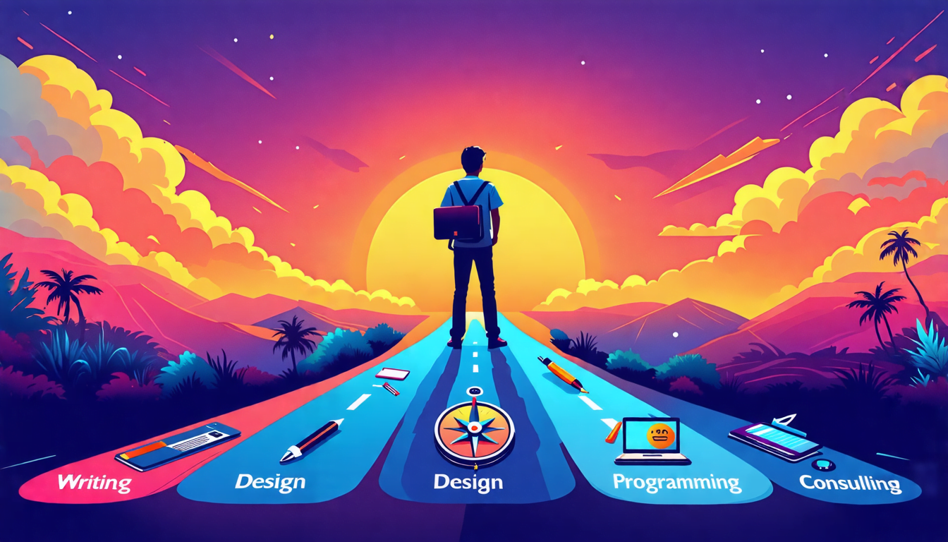 A stylized fork in the road set against a vibrant sunset sky, with each path labeled with different freelance careers like Writing, Design, Programming, an