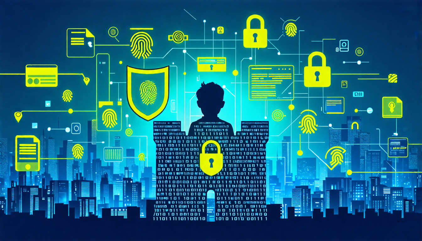 A digital fortress with a shield emblem, protecting a silhouette of a person inside. The fortress is made of binary code and padlocks, symbolizing data pro