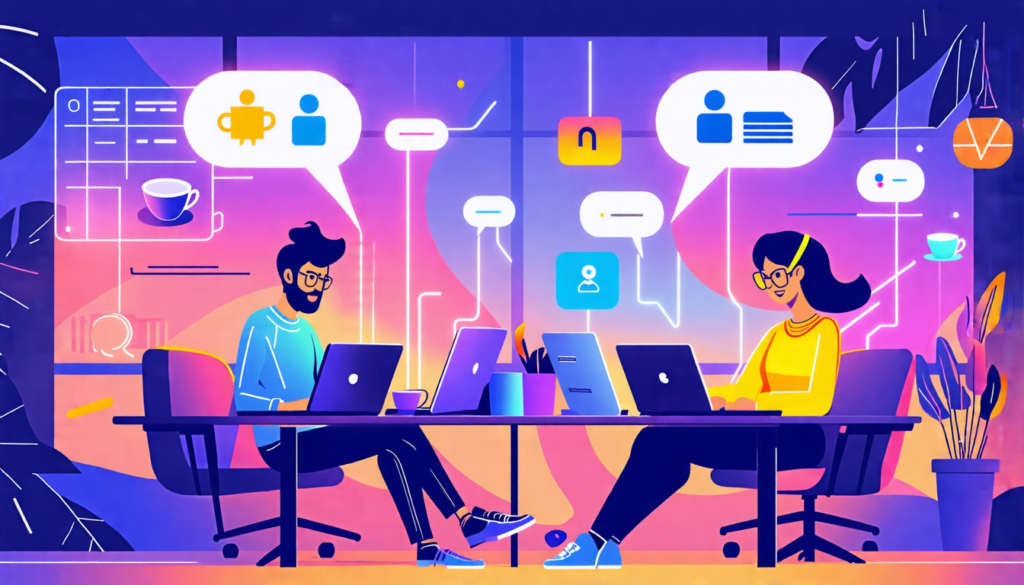 A digital illustration showing two freelancers sitting at opposite ends of a shared workspace, their laptops connected by glowing lines representing collab
