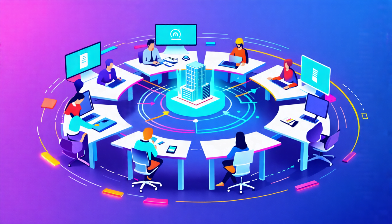 A stylized office workspace with multiple desks arranged in a circular pattern, each with a computer displaying different collaboration tools like video ch
