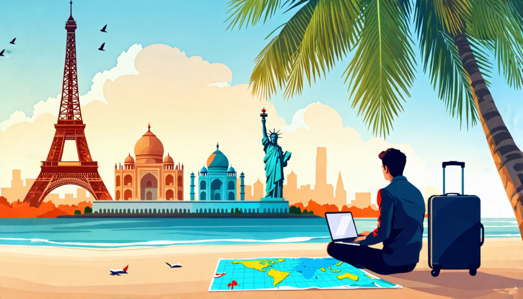 A modern professional sitting with a laptop on a tropical beach, working under a palm tree. In the background, a mix of iconic global landmarks like the Ei