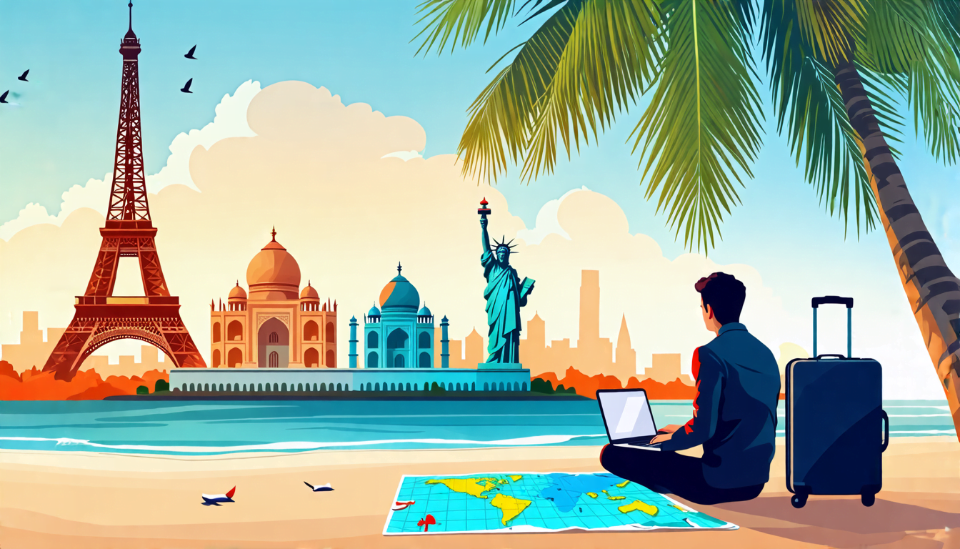 A modern professional sitting with a laptop on a tropical beach, working under a palm tree. In the background, a mix of iconic global landmarks like the Ei