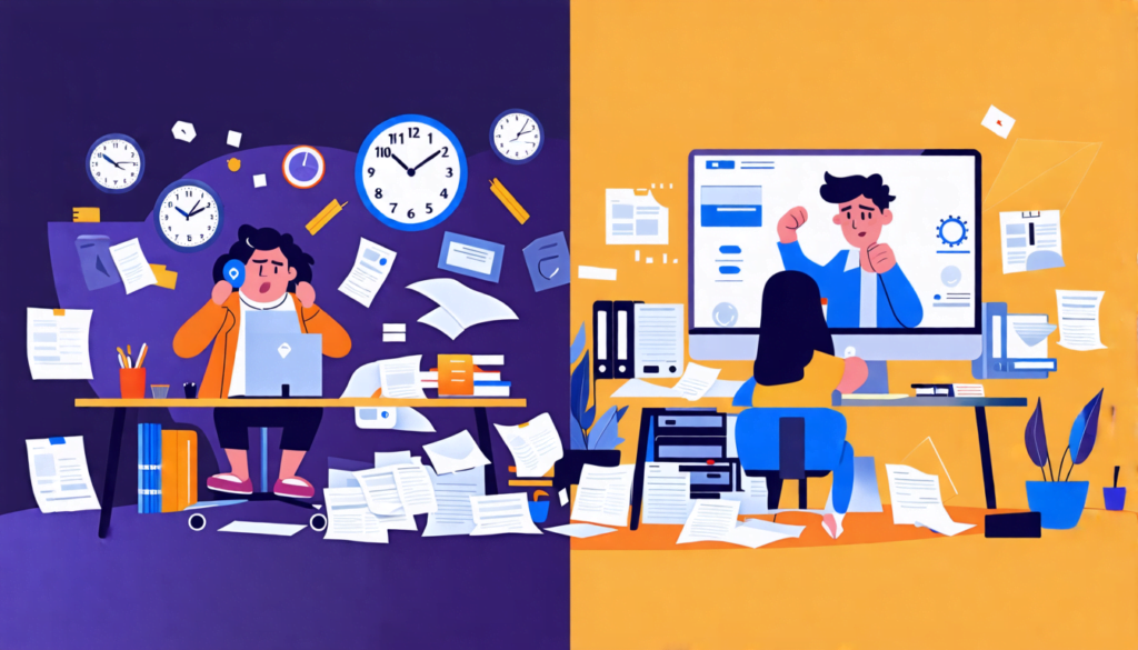 A split-screen image showing two contrasting scenes: On one side, a stressed freelancer surrounded by multiple clocks, scattered papers, and a chaotic desk