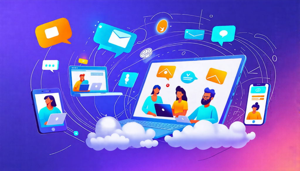 Here's a DALL-E prompt for an image related to Communication Tools for Remote Work: A stylized digital workspace showing multiple interconnected devices -