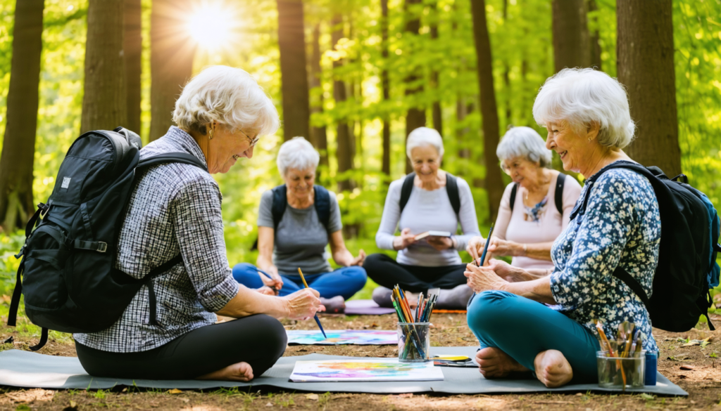 An inspiring and serene scene of a diverse group of older adults engaging in activities that showcase joy and vitality, such as painting, hiking, and yoga in a beautiful natural setting. The atmospher