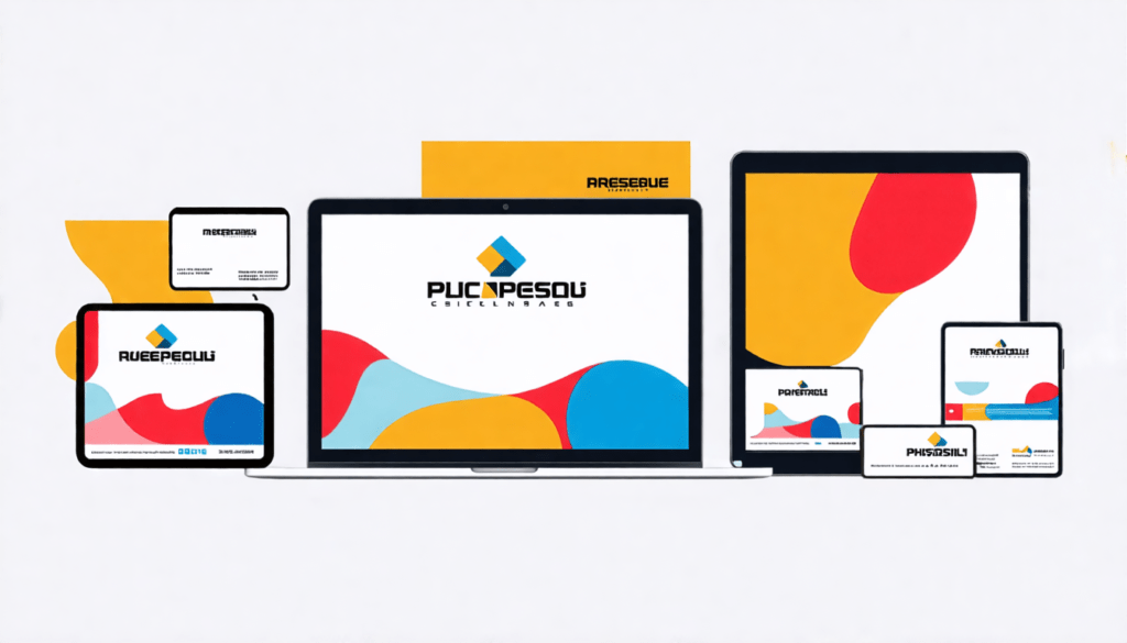 A split-screen image showing multiple digital devices (smartphone, laptop, tablet) and physical marketing materials (business card, brochure, billboard) al