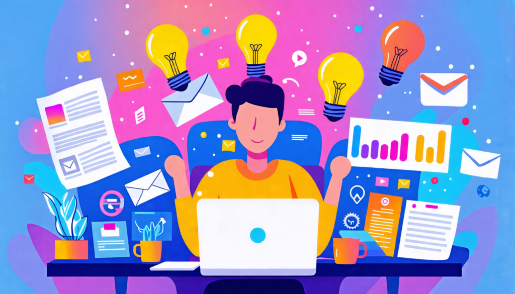 A colorful digital illustration showing a freelancer sitting at a desk with a laptop, surrounded by various content marketing elements floating around them