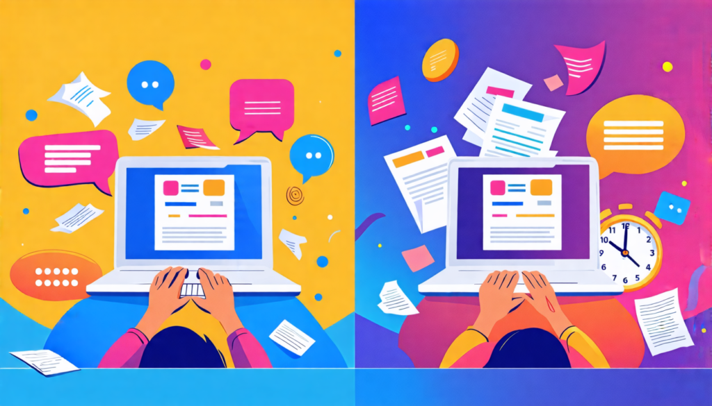 A split-screen image: on the left, a person typing enthusiastically on a laptop surrounded by colorful thought bubbles and floating text, representing oppo