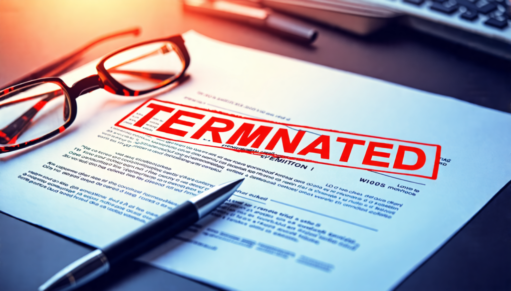 A professional-looking document with a red stamp reading TERMINATED across it, lying on a desk next to a pen and a pair of reading glasses. The document is