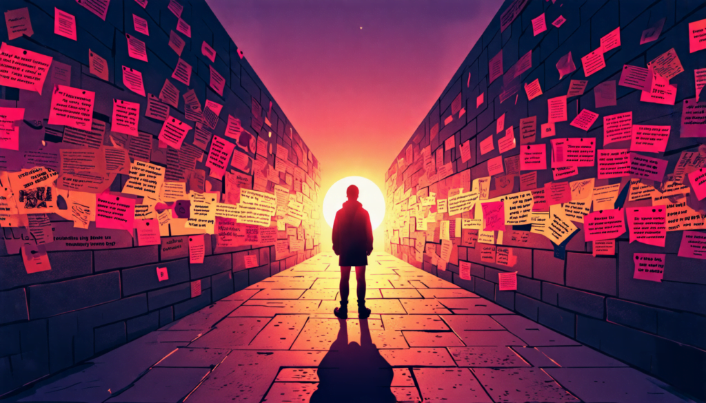 A person standing tall and confident in the foreground, facing a wall of negative comments and rejection letters. The wall is dark and imposing, but the pe