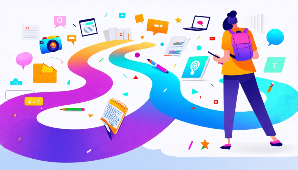 A vibrant illustration showing a creative professional sketching a colorful, winding narrative path on a blank canvas. The path is filled with various icon