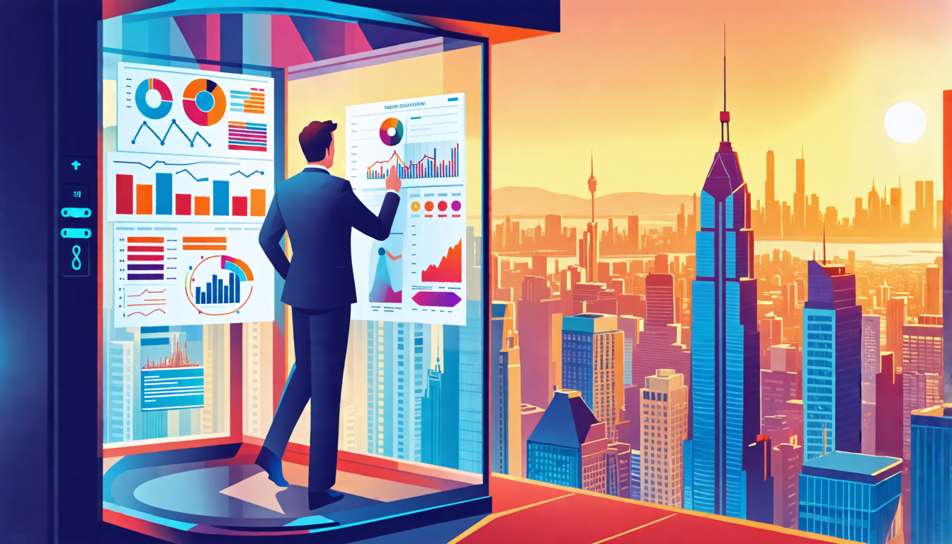 A stylized illustration of a business professional confidently presenting a portfolio in a glass elevator rising through a cityscape. The elevator walls di