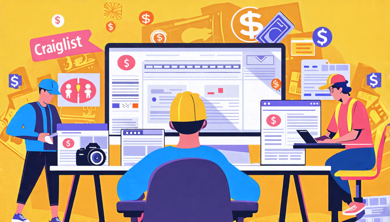 A split-screen image: On one side, a person sitting at a desk with a laptop, scrolling through Craigslist listings. On the other side, various freelance wo
