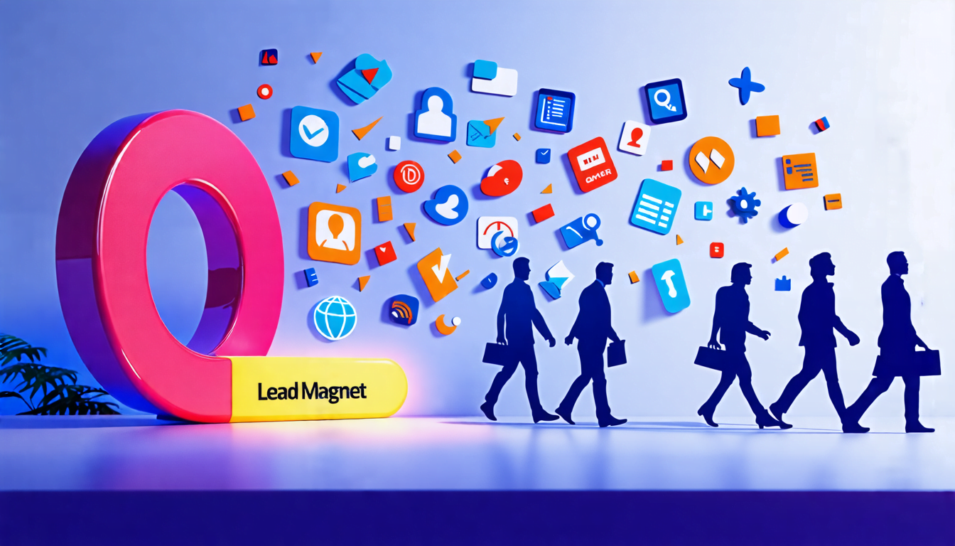 A modern office desk with a large magnet attracting various business icons and symbols floating towards it. The magnet is labeled Lead Magnet and is emitti