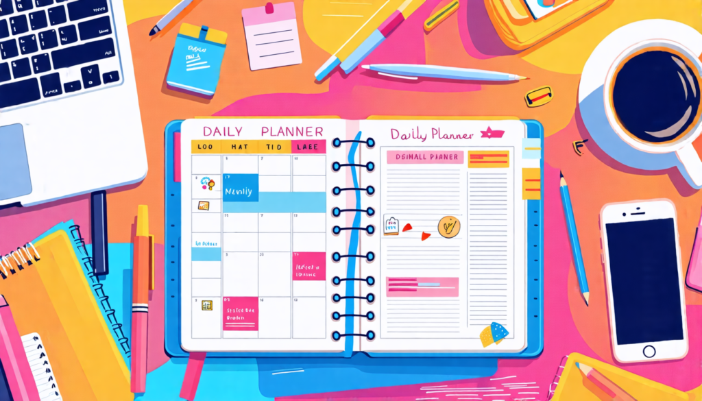 A colorful and organized daily planner notebook open on a desk, surrounded by productivity tools like a laptop, smartphone, coffee mug, and pens. The plann