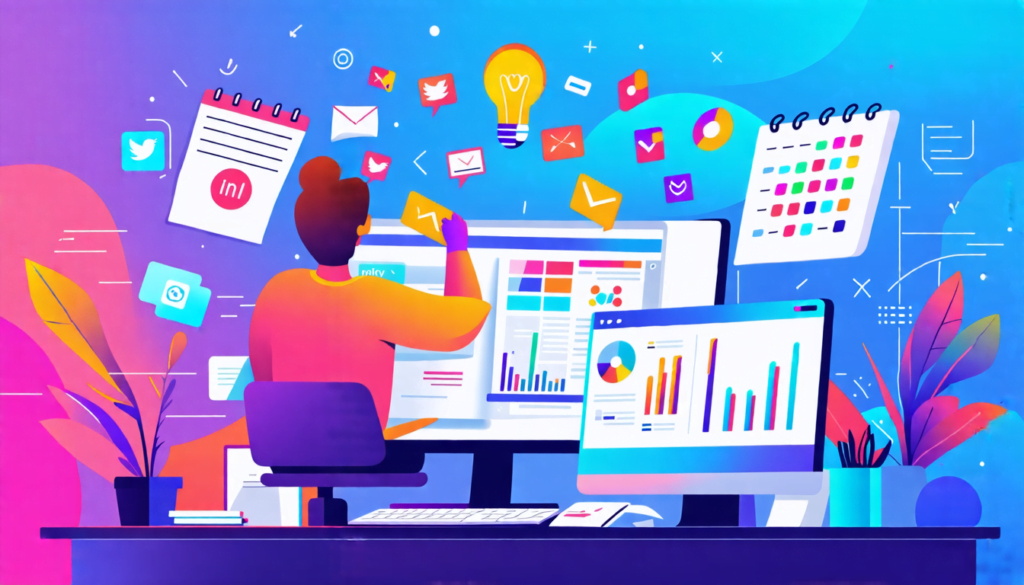 A stylized digital illustration showing a freelancer at a desk with multiple screens, juggling various marketing icons and symbols. The scene is vibrant an