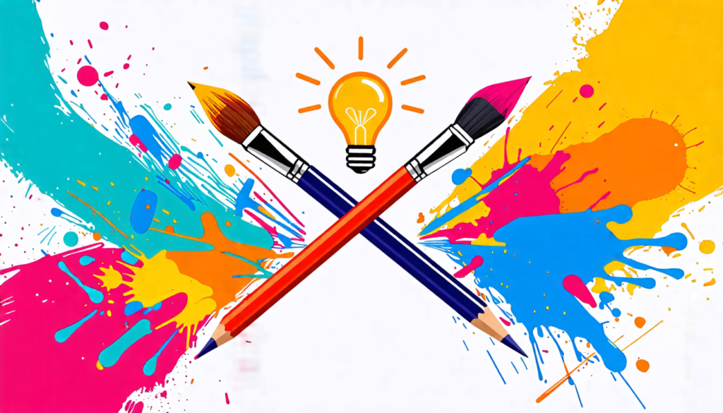 A stylized pencil and paintbrush crossing each other, forming an 'X' shape, with colorful splashes of paint and abstract geometric shapes emerging from the