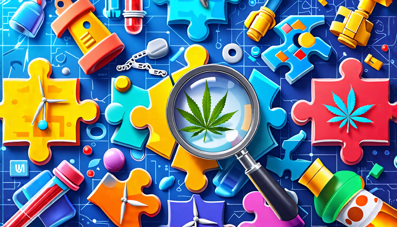 A detailed illustration of a diverse investment portfolio represented as a colorful mosaic or puzzle. The pieces are shaped like various niche market symbo