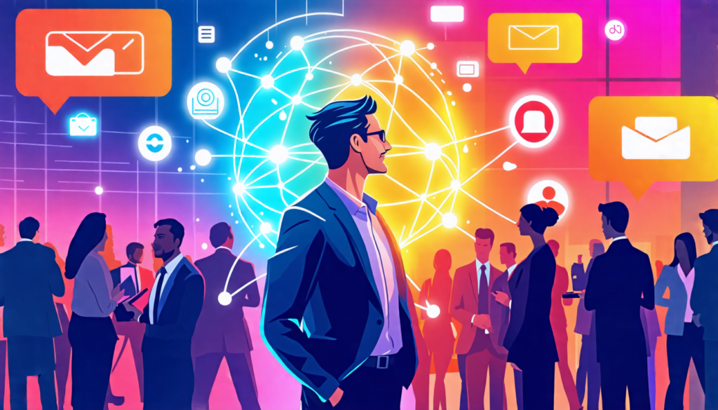 A professional-looking businessperson confidently standing in the center of a busy networking event, with a glowing, colorful personal logo floating above