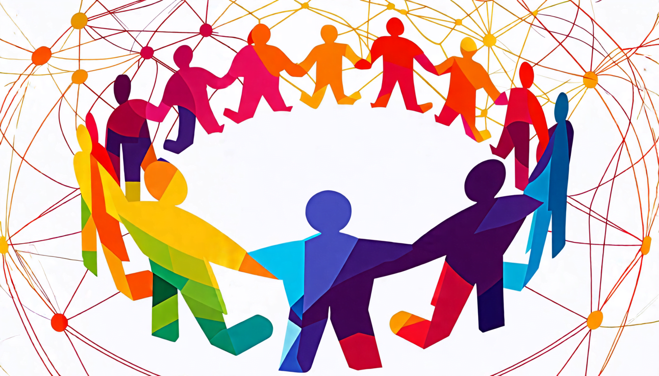 A warm, colorful illustration of diverse people forming a circle, holding hands, and supporting each other. The image shows people of different ages, ethni
