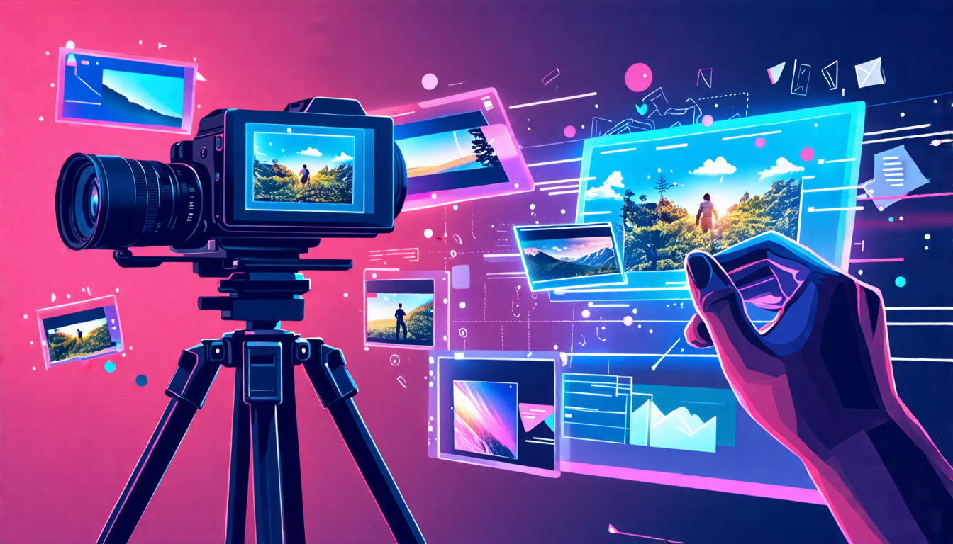 A professional-looking video camera on a tripod, surrounded by various video clips floating in the air like holographic screens. The clips show different s