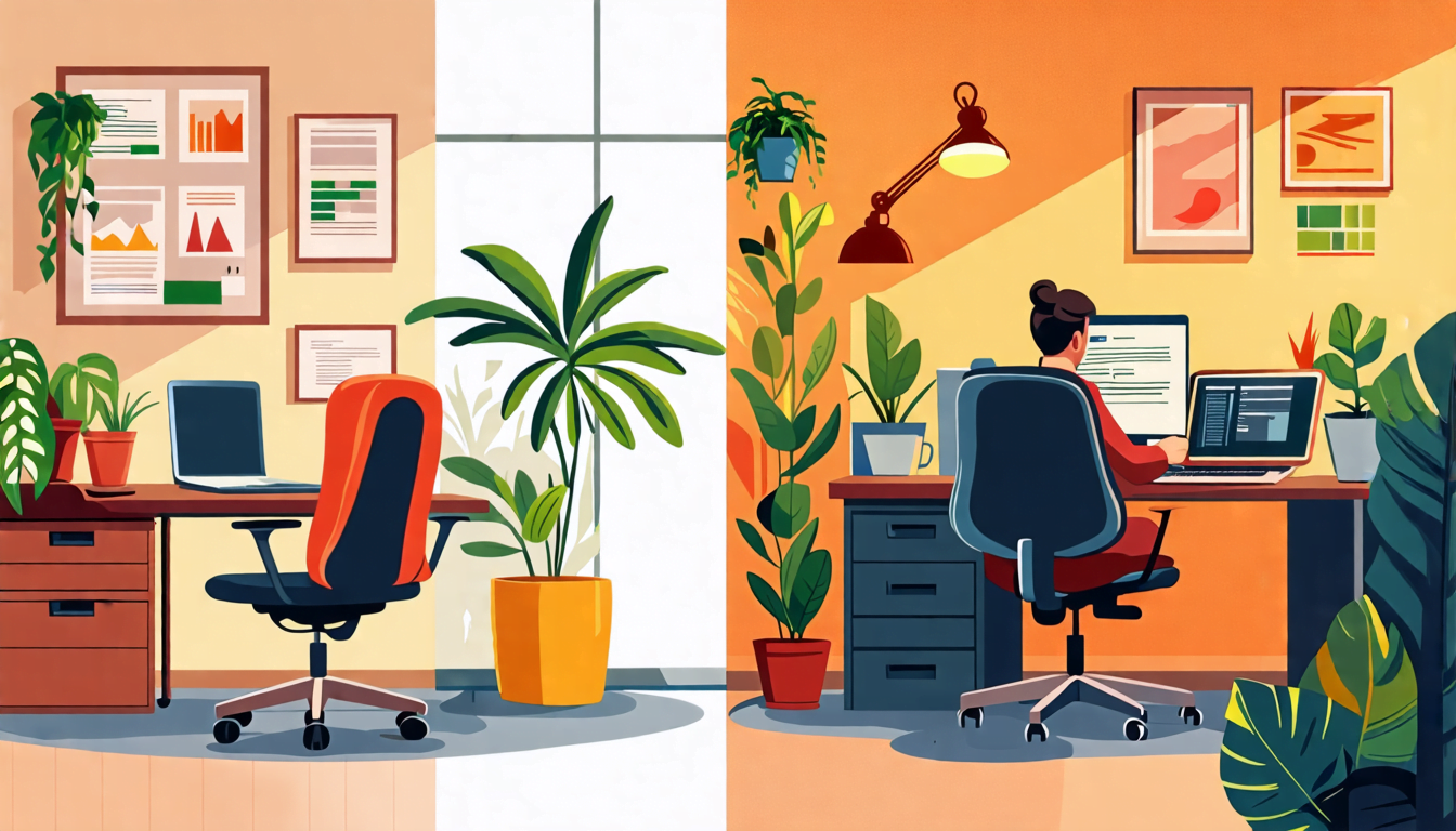 A split-screen image: on the left side, a cozy home office with a desk, ergonomic chair, laptop, and houseplants; on the right side, a typical corporate of