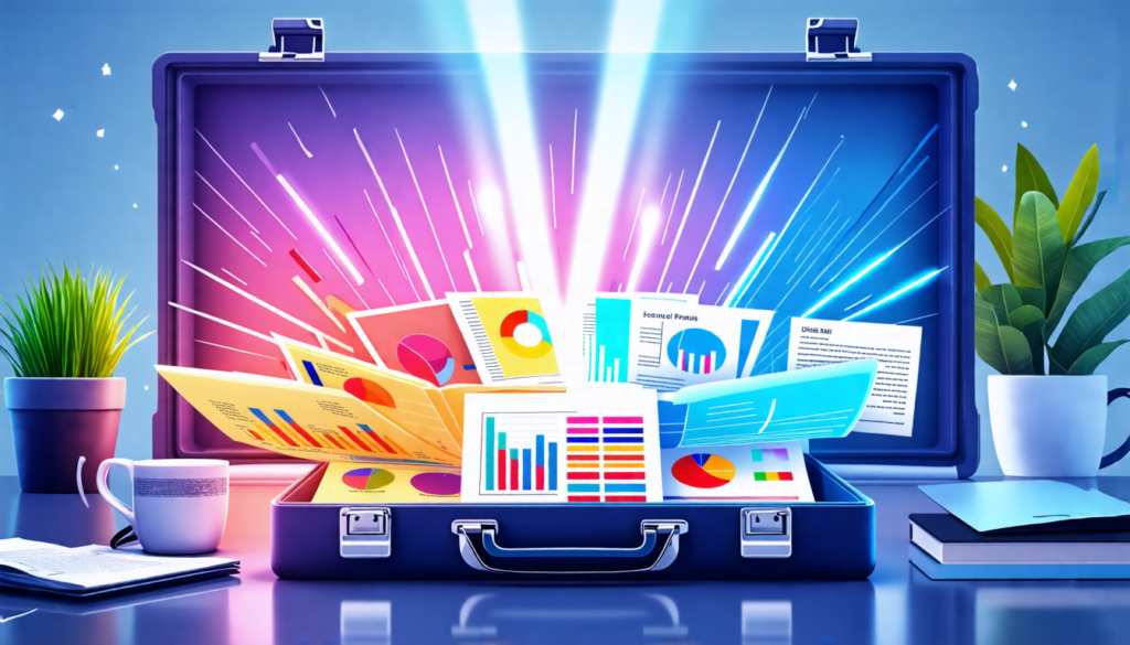 A stylish briefcase or portfolio case opening to reveal a colorful array of diverse content including photographs, charts, artwork, and documents. The case