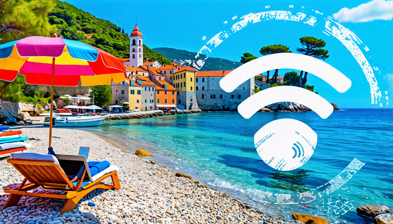 A serene Adriatic coastal scene with a person working on a laptop under a colorful umbrella on a pebble beach. In the background, traditional Croatian arch