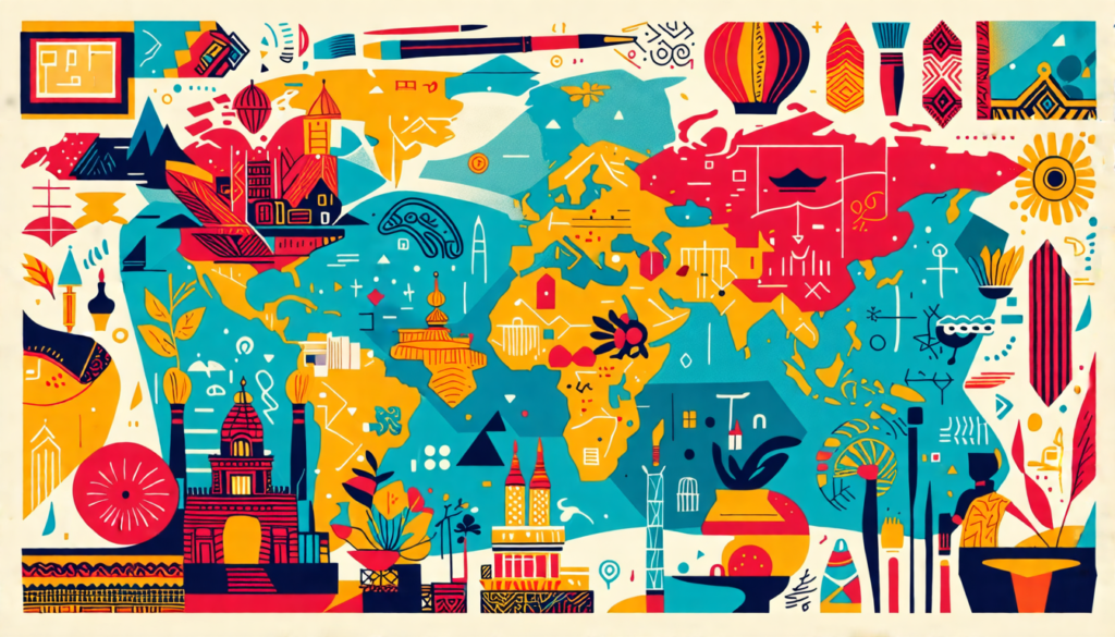 A vibrant collage showcasing diverse cultural artifacts and art styles from around the world, blending seamlessly into modern design elements and creative