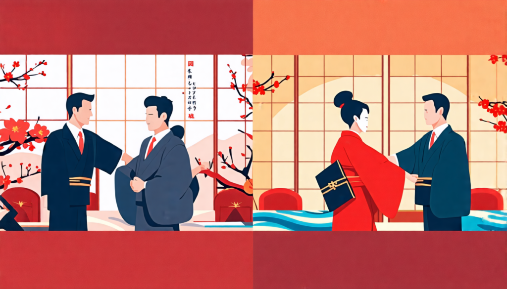 A split-screen image showing two contrasting business meetings. On one side, a formal Western-style boardroom with executives in suits shaking hands. On th