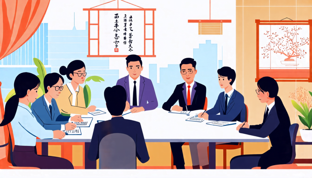 A diverse group of Asian professionals in business attire gathered around a conference table, engaged in respectful discussion. The room is decorated with