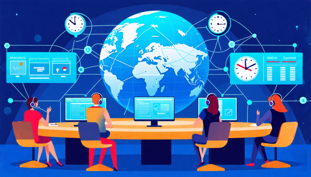 A friendly, diverse team of customer support agents sitting at a circular desk with a large globe hovering above them. Each agent is wearing a headset and