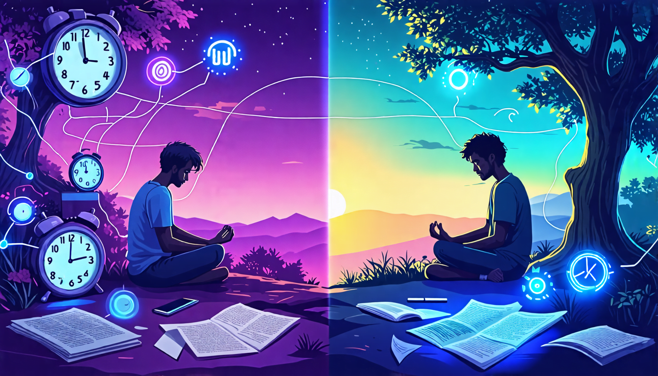 A split-screen image: on one side, a stressed person surrounded by clocks, paperwork, and glowing digital devices, looking overwhelmed and exhausted. On th