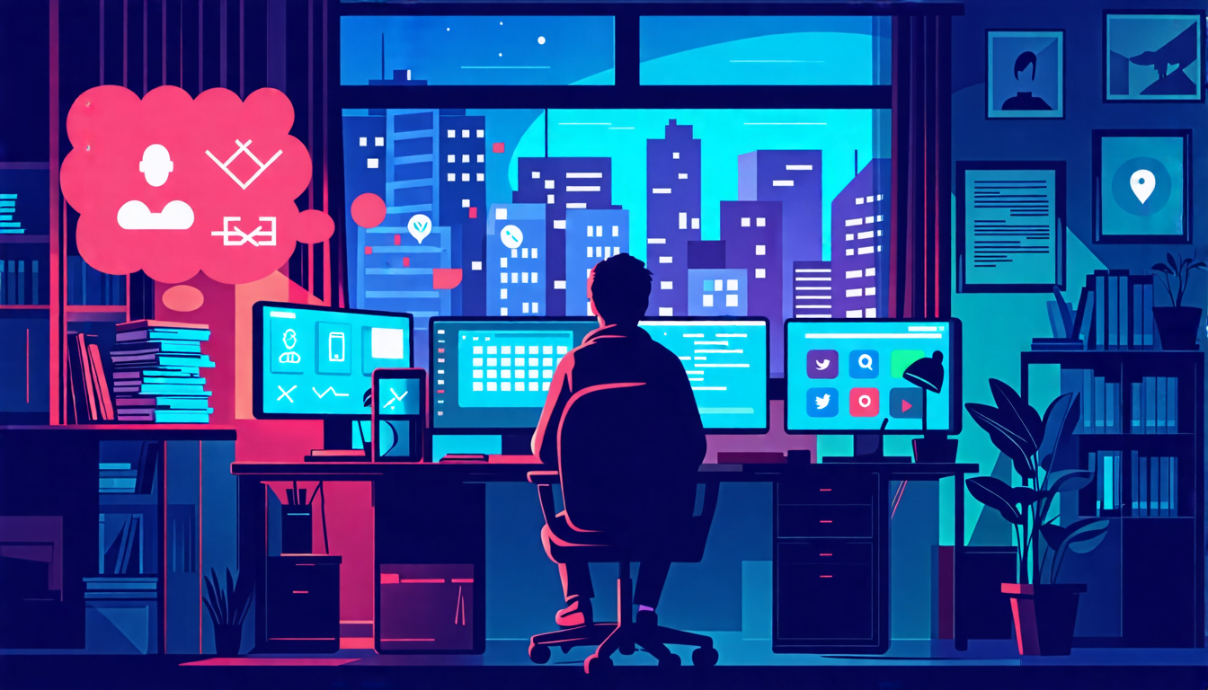 A lonely figure sitting at a desk in a dimly lit home office, surrounded by multiple computer screens and a calendar showing crossed-off days. The room fee