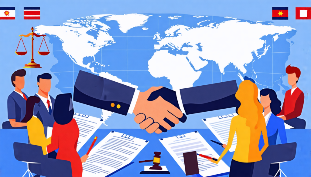 A professional businessperson shaking hands with a diverse group of international clients across a large desk, with legal documents, contracts, and flags f
