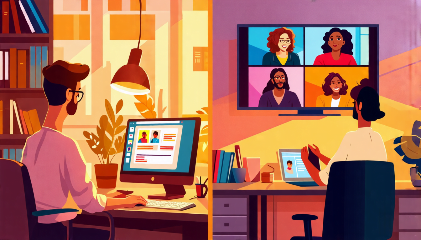 A split-screen image: On one side, a person sitting alone at a home office desk, looking slightly sad and disconnected. On the other side, the same person